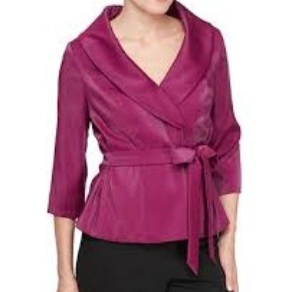 Alex Evening Berry tie front 3/4 sleeves brushed satin waistband jacket, size XL